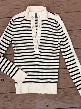 Lauren Ralph Lauren Black and Cream Striped Ribbed V-Neck Snap-Placket Sweater
